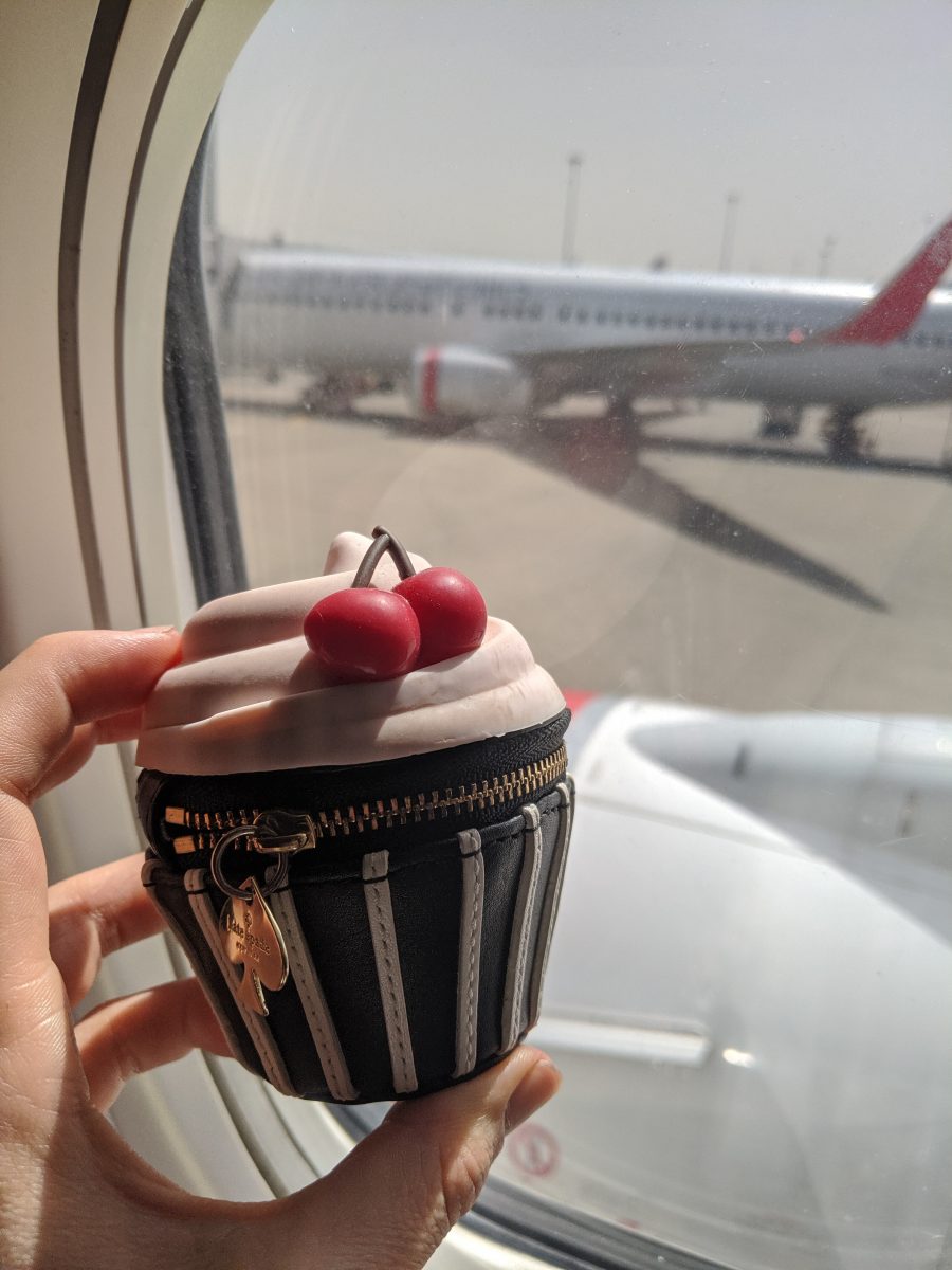 Kate Spade Cup Cake looking at the plane window, quite excited about the trip ahead. 